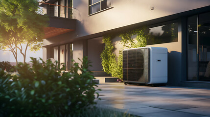 Fototapeta premium Air heat pump near modern house. Generative AI