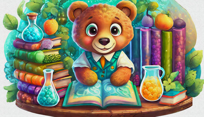 Obraz premium oil painting style CARTOON CHARACTER baby bear are doing science experiments on a desk in the library,