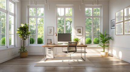 Professional home office Zoom virtual background featuring a clean and modern workspace with sleek furniture,  and stylish decor, Perfect for video calls, remote work, and virtual meetings