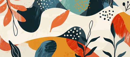 Abstract organic shapes and patterns in an illustration style with a flat vector design aesthetic, featuring autumn colors on a white background