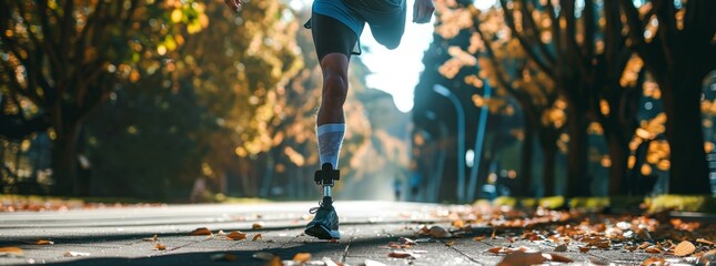 A man with a prosthetic leg runs on a wet road generated by AI