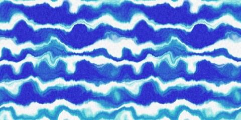 Wavy tie Dye stripe with linen effect seamless ribbon texture. Masculine blue white striped print edging. 