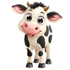 Adorable 2D illustration of a cheerful cow on a plain white background. Cute and whimsical.