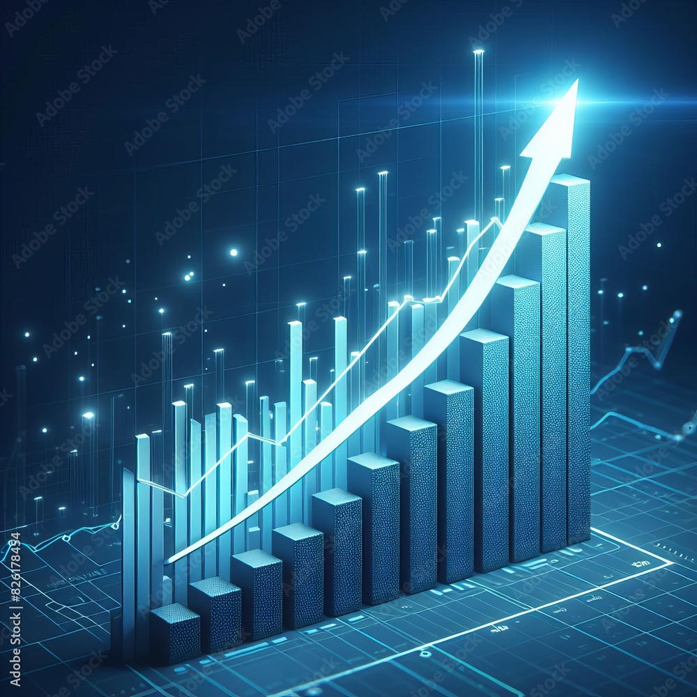 Poster futuristic 3d bar graph showing economic growth, illuminated with blue light and an ascending arrow,