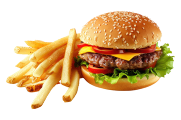 Burger and french fries isolated on white background