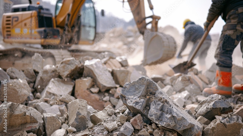Poster a group of workers using handheld equipment to break apart rocks and debris clearing the way for the
