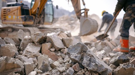 A group of workers using handheld equipment to break apart rocks and debris clearing the way for the larger machinery. - Powered by Adobe
