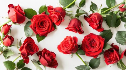 Fototapeta premium Beautiful pink roses framed on a white background, in a flat lay top view style copy space