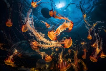 Fototapeta premium jellyfish underwater ocean bioluminescence tentacles underwater creatures