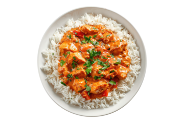 Chicken tikka masala with rice isolated on white background