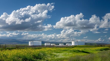 Obraz premium The white clouds above seem to mirror the white structures below creating a serene harmony in the natural gas storage field.
