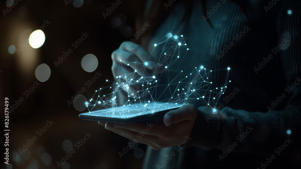 Poster close-up of hands holding a digital tablet projecting a holographic network of points and connection