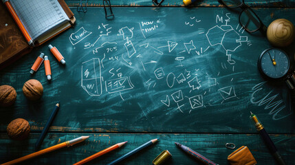 Abstract blackboard background with sketchy hand-drawn school supplies, creating an artistic and educational ambiance