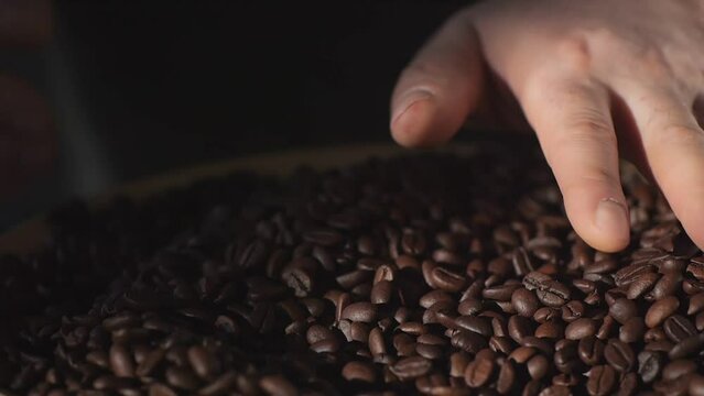 A person is tactilely exploring a mound of coffee beans with their hand
