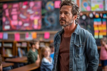 Fototapeta premium An adult man in a jean jacket looks contemplative amidst a classroom setting