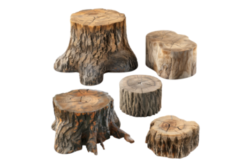 Collection of tree stem different sizes isolated on white background