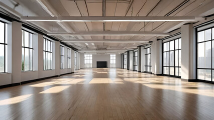A wide-angle perspective captures a contemporary open-plan office featuring a sleek polished wooden floor. The focal point of the image is the floor itself, producing a blurred background effect