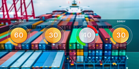 The ship concept, top view of a cargo ship with vessel cruising in deep dark sea, Container ship, with connect credit score indicators percentage, generative ai