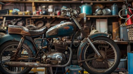 Fototapeta premium Next to a vintage motorcycle an oil can rests on a shelf ready to keep the engine running smoothly.