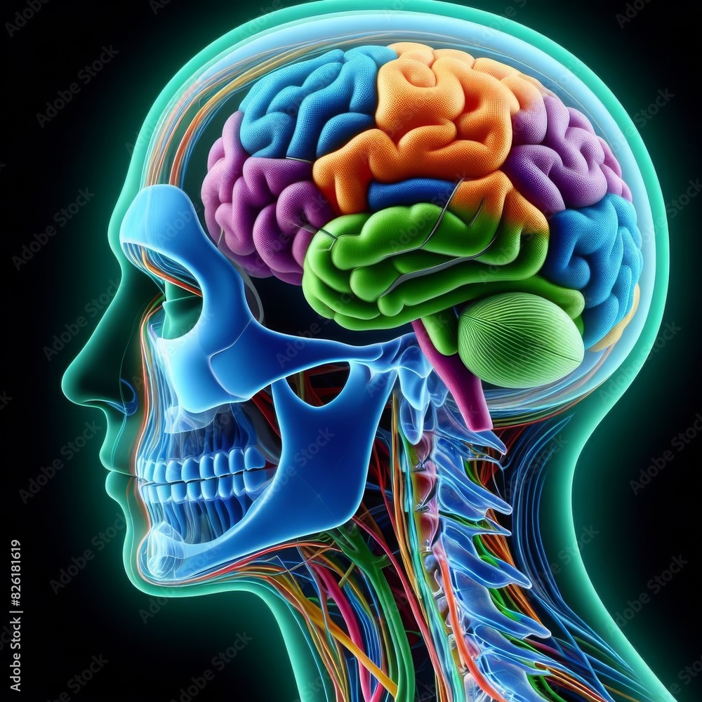 Poster a detailed illustration of a human brain in multiple colors, highlighting different brain areas and 