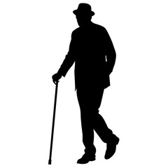 old man walking and relying on a cane, black color vector silhouette set against a white background