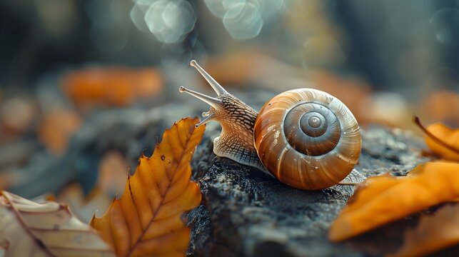 the slow movement of a snail glides over a leaf with wood. autumn season and snail, environment and nature.