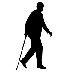 Fototapeta premium old man walking and relying on a cane, black color vector silhouette set against a white background