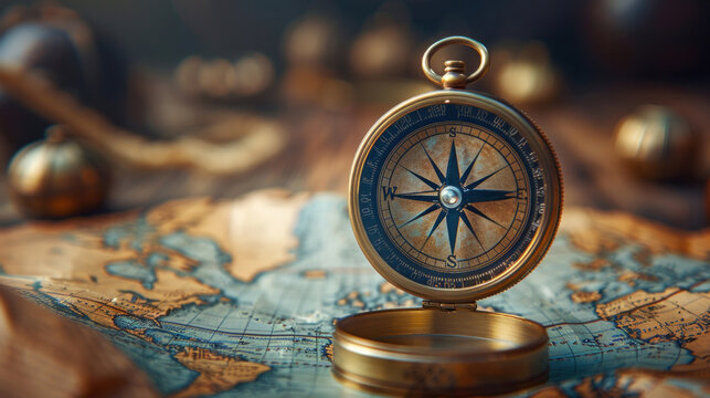 An old antique compass on a paper map with a blue and gold background, symbolizing goals, objectives, and true north for organizational alignment.