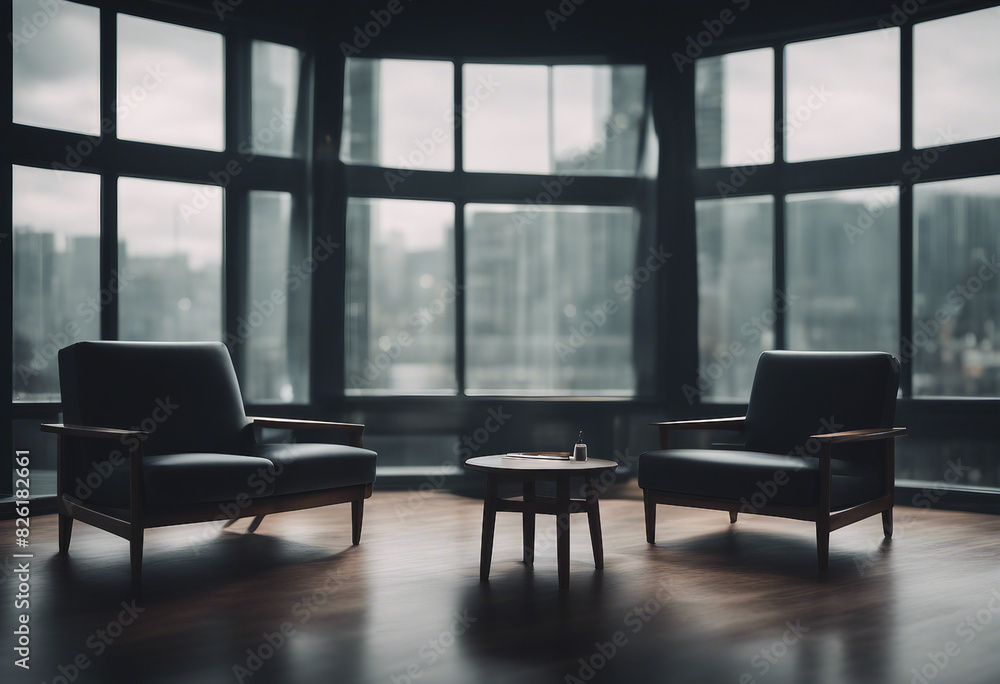 Wall mural dark waiting room interior with two armchairs and panoramic window