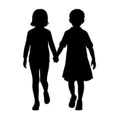 young sibling walking with hands held, enjoy moment vector silhouette, white background