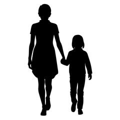 young sibling walking with hands held, enjoy moment vector silhouette, white background