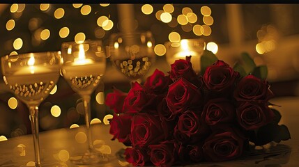 Bouquet of red roses and glasses with wine on the table for Valentine's Day, romantic dinner at home