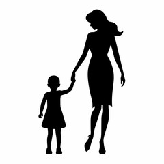 A young mother walking with holding her child hand side by side vector silhouette 