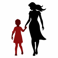 A young mother walking with holding her child hand side by side vector silhouette 