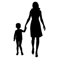 young mother in a modern outfit walking with holding her child hand side by side vector silhouette 