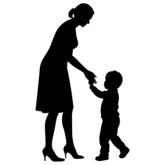 young mother she want to learn her child how to walk first step vector silhouette 