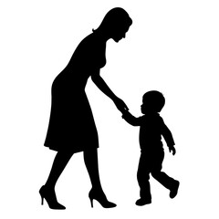 young mother she want to learn her child how to walk first step vector silhouette 