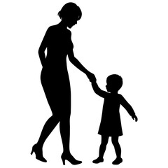 young mother she want to learn her child how to walk first step vector silhouette 