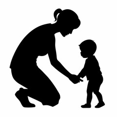 young mother she want to learn her child how to walk first step vector silhouette 