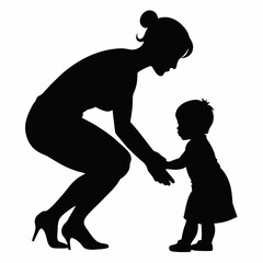 young mother she want to learn her child how to walk first step vector silhouette 