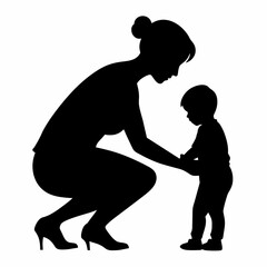 young mother she want to learn her child how to walk first step vector silhouette 