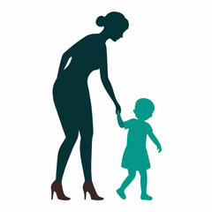 young mother she want to learn her child how to walk first step vector silhouette 