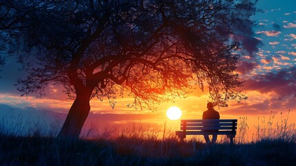 Lonely tree with bench under amazing sunset
