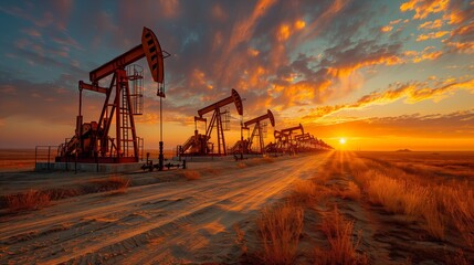 Desert oil fields at sunset in a desert. A dramatic sunset sky with orange and blue hues reflecting off scattered clouds