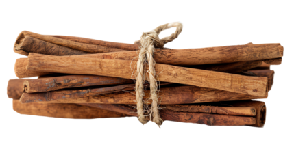 A bundle of cinnamon sticks tied together with a natural rope, isolated transparent background. Perfect for cooking, baking, or decorative use.