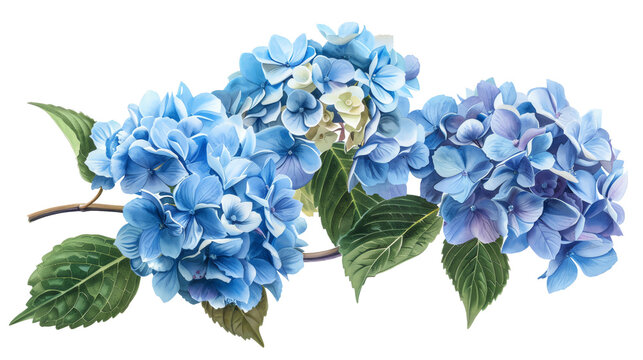 A beautiful watercolor  of blue hydrangea flowers with green leaves, perfect for spring and summer design projects.