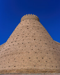 Walls of the Ark of Bukhara, a massive fortress located in Bukhara, Uzbekistan. The ark is part of...