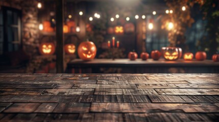 There is a wooden table with pumpkins and candles in the background - Powered by Adobe