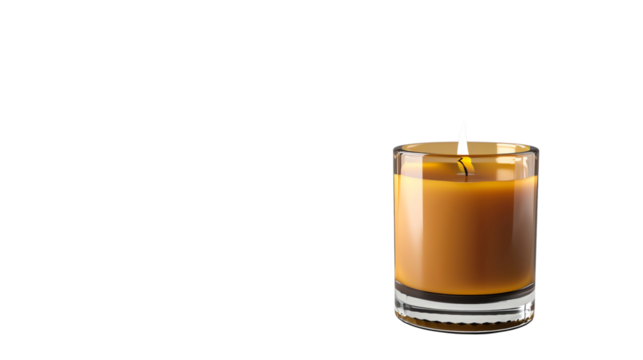 A lit brown candle in a clear glass holder, providing a warm and cozy ambiance. Perfect for home decor and relaxation.