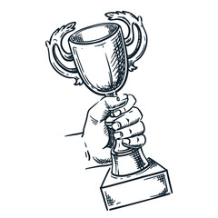 Human hand holding gold champion cup. Vector hand drawn sketch illustration. Prize competition award doodle icon, isolated on white background. Success, leadership, winning concept